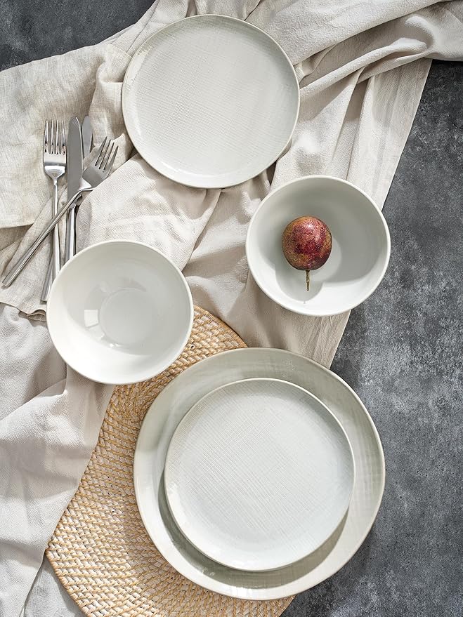 Famiware Moonlight Plates and Bowls Sets, 24 Pieces Stoneware Dinnerware Sets with Linen Finish, Dishware set for 8, Microwave and Dishwasher Safe, Chip and Scratch Resistant, White
