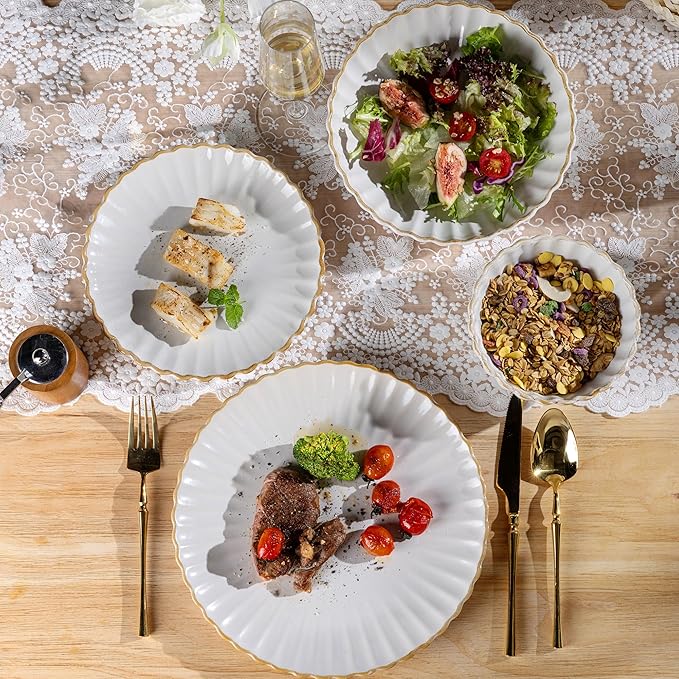 GBHOME Stoneware Dinnerware Sets for 4,Handcrafted Embossed Design Reactive Glaze Ceramic Plates and Bowls, Dishwasher and Microwave Safe, Service for 4(12pcs),Pearl White