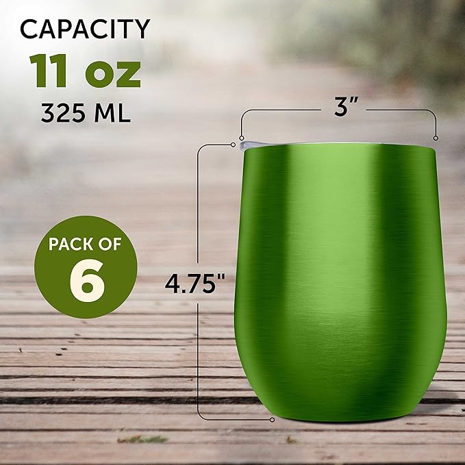 DISCOUNT PROMOS Stemless Wine Glass Tumblers with Lids by Largo 11 oz. Set of 6, Bulk Pack - Perfect for Wine, Cocktails, Other Hot & Cold Beverages - Lime Green