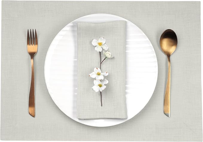 D'Moksha Homes Linen Placemats 14 x 19 Inch - Silver Grey Placemats Set of 8-100% Pure Linen Table Place Mats for Spring, Easter - Handcrafted and Machine Washable