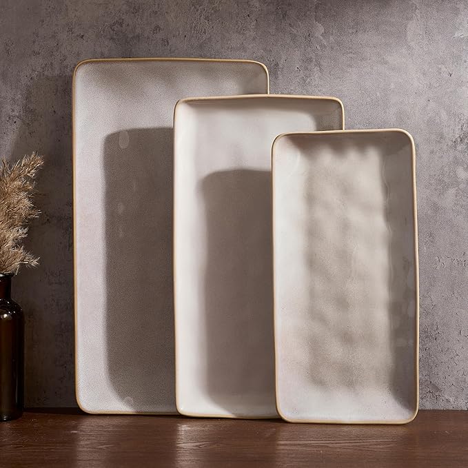 Famiware Serving Platter, Rectangular 15.67/14.1/12.6 inch Serving Dishes for Entertaining, Microwave Dishwasher Safe, Stonware Serving Trays for Party, Turkey, Cheese, Ocean Series, Cappuccino White