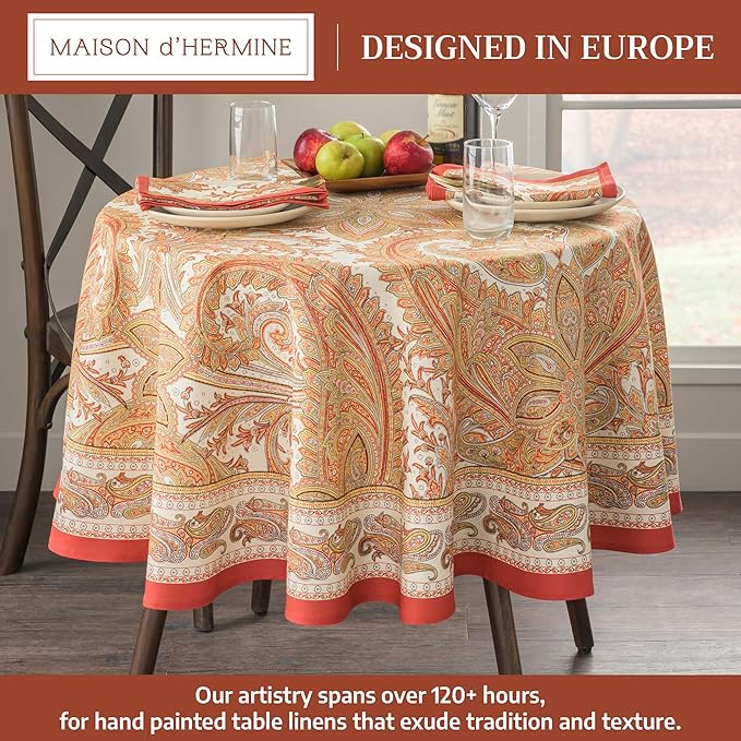 Maison d' Hermine Table Cloth Round Table 100% Cotton 69 Inches Fall Tablecloth Reusable Everyday Use for Thanksgiving Christmas Decorations Dining Farmhouse Party (Kashmir Paisley)