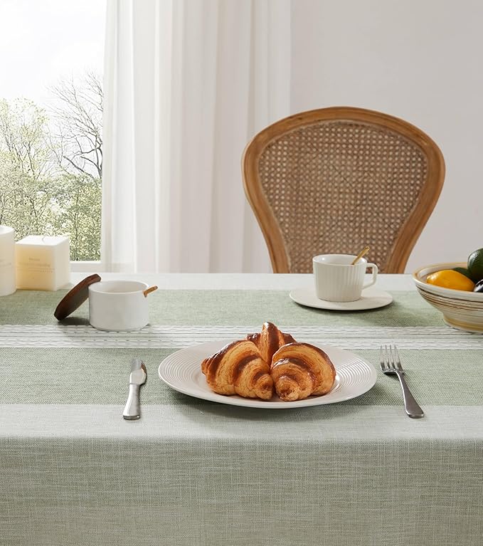 ZeeMart Contrast Linen Table Cloth Square Table Cloths 60x60 Inch Mid-Stripe Green, Farmhouse Style Heavy Weight Sage Green Tablecloth, Water Resistant Burlap Tablecloths
