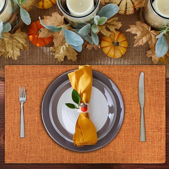Cloth Placemats Set of 8, Linen Type Fabric Fall Placemats Table Mat, Machine Washable Rustic Place Mats Heat Resistant Placemats Wrinkle Free Thick Kitchen Place Mats for Dining Table, Orange 12"x18"