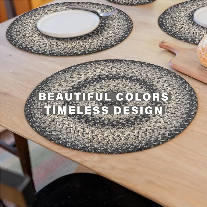 Homespice Flint Hill Jute Woven Round Placemats Set of 6, 15", Warm Primitive Decor, Grey Table Mats - Vibrant Colors, Durable, Easy to Clean and Protects Furniture
