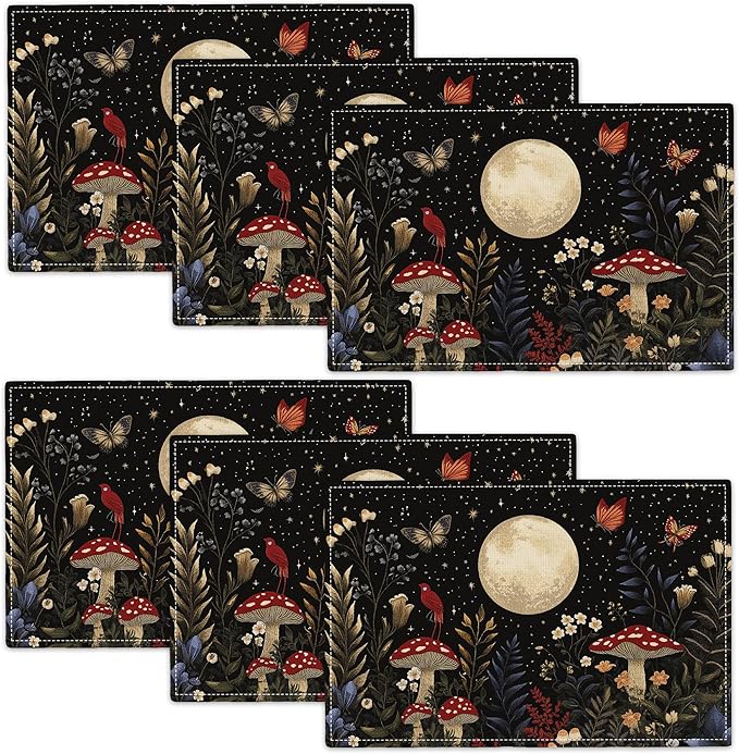 Mushroom Botanical Placemats Set of 6, Mushroom Plants Leaves Butterfly Place Mats, Moon Waterproof Washable Table Mats for Home Party Indoor Kitchen Dining Table Decoration 12x18 Inch