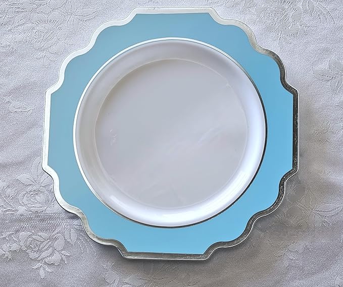 " OCCASIONS " 120 Plates Pack,(60 Guests) Heavyweight Premium Wedding Party Disposable Plastic Plates -60 x10.5'' Dinner + 60 x 8'' Salad/Dessert (Imperial Aqua & Silver)