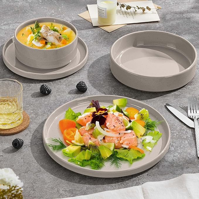Herogo 16 Piece Plates and Bowls Set, Ceramic Dinnerware Sets with Pasta Bowls, Kitchen Dinner Ware Dishes Service for 4, Chip & Scratch Resistant Dishware, Speckled Coffee Brown