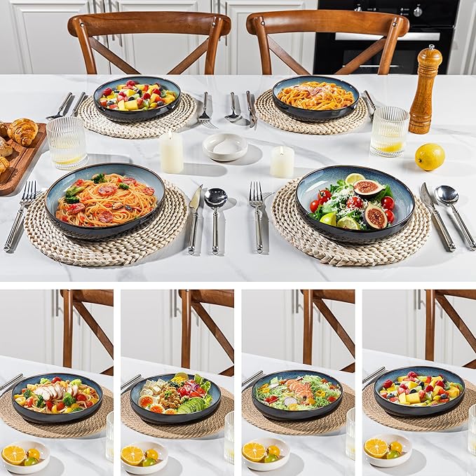 LERATIO 8.5'' Large Ceramic Pasta Bowls, 36oz Pasta Serving Bowls Set of 4 for Kitchen, Wide Bowls for Fruit,Pasta,Salad,Oatmeal,Meal, Microwave Safe, Reactive Glaze-Gray White