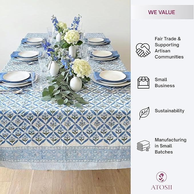ATOSII Netta Blue 100% Cotton Square Summer Tablecloth, Handblock Floral Print Linen Table Cloth for Kitchen Dining I Parties, Weddings, Outdoors, 60 X 60 Inches I 4 Seater