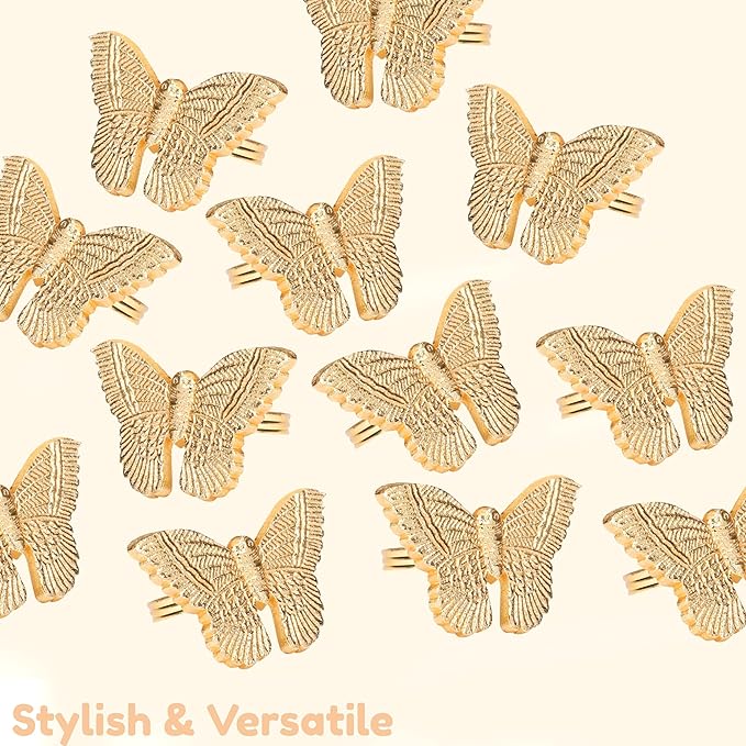 CLEENTABLE 12 Pcs Napkin Rings Set - Decorative Metal Butterfly Bling Napkin Rings Guest Napkin Buckle for Wedding, Party, Gathering, Dinner, Table, Banquet, Decoration, Gifting (Gold)