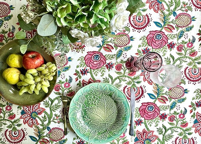 ATOSII Ruby 100% Cotton Square Summer Tablecloth, Block Print Floral Table Cloth for Dining Table, Parties, Weddings, Outdoors Grand Millenial Decor I 60 X 60 Inches I 4 Seater I