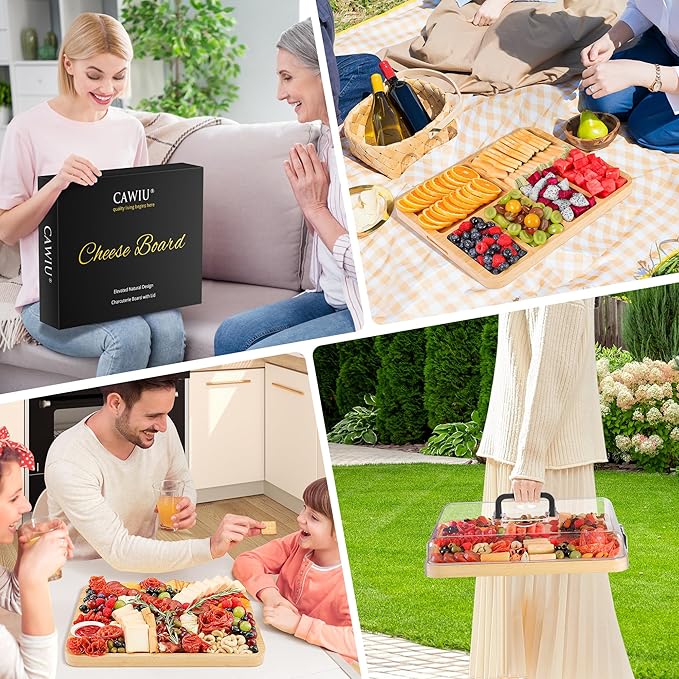 Portable Travel Charcuterie Board with Lid and Handle - Large Bamboo Cheese Board with 4 Cheese Knife Set for Outdoor, Picnics - Weddings, House Warming Gift for Women (6 Compartments, Black)