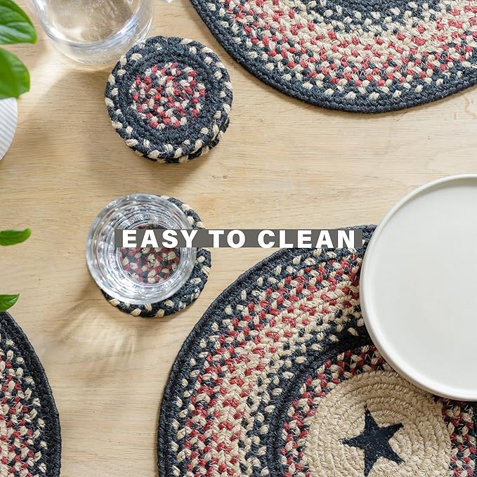 Homespice Primitive Star Gloucester Braided Jute Coasters 4", Warm Primitive Decor, Set of 6, Black and Red - Durable, Absorbs Moisture, Easy to Clean and Protects Furniture
