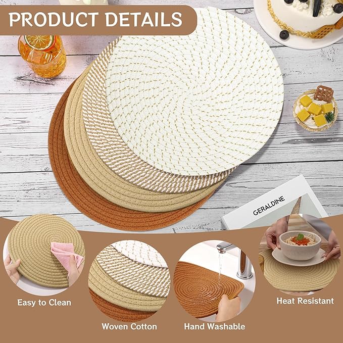 Kochorie Set of 8 Round Woven Cotton Placemats, 13 Inch Boho Table Mats for Kitchen and Dining Table, Farmhouse Heat Resistant Washable Trivets, Fall Thanksgiving Christmas Décor (Mixed Brown)