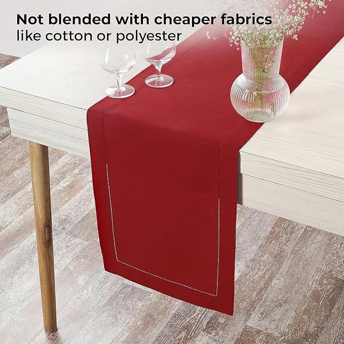D'Moksha Homes Linen Red Table Runner 108 Inches Long - 100% Pure Linen 14 x 108 Inch Table Runner for Valentines, Spring - Classic Hemstitch