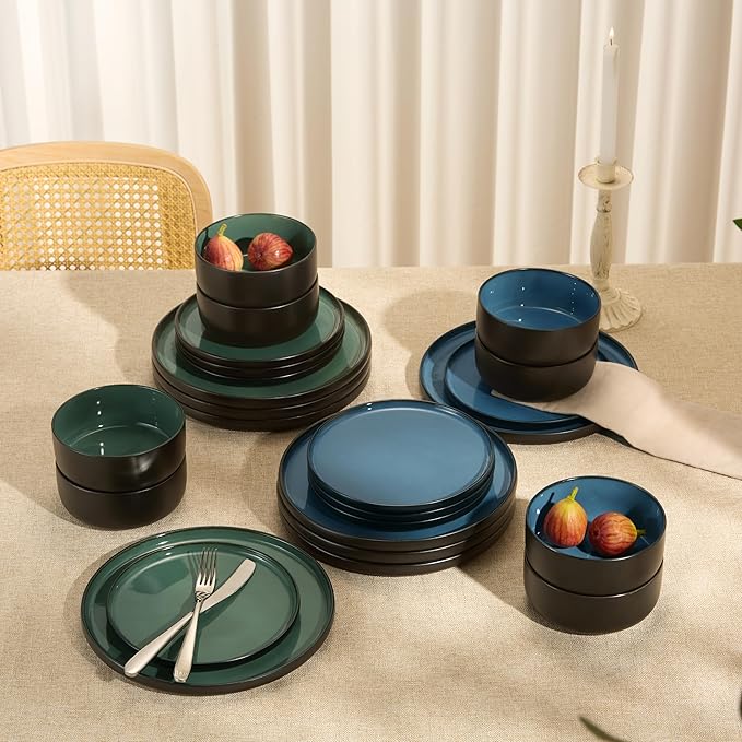 Dinnerware Set, 12 Piece Service for 4, Vase and Vessel, Ceramic 10.5” Dinner Plates, 8.2” Salad Plates and 20 oz Bowls, Stoneware, Somerset Collection (Black/Slate Blue)