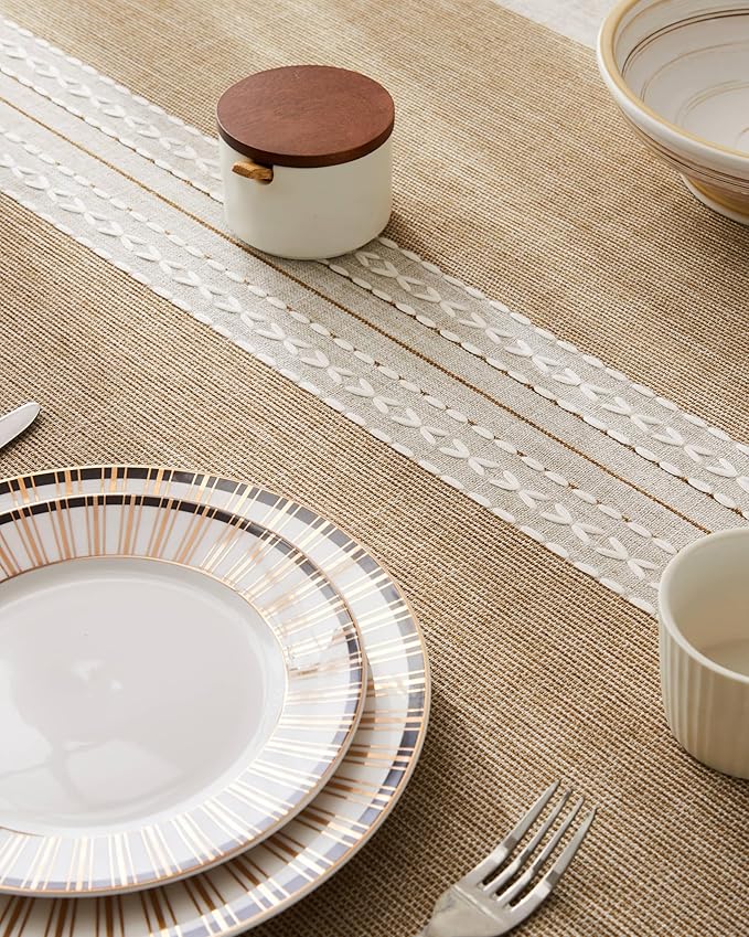 ZeeMart Contrast Linen Table Cloth Square Table Cloths 60x60 Inch Mid-Stripe Brown, Farmhouse Style Heavy Weight Beige Tablecloth, Water Resistant Burlap Tablecloths