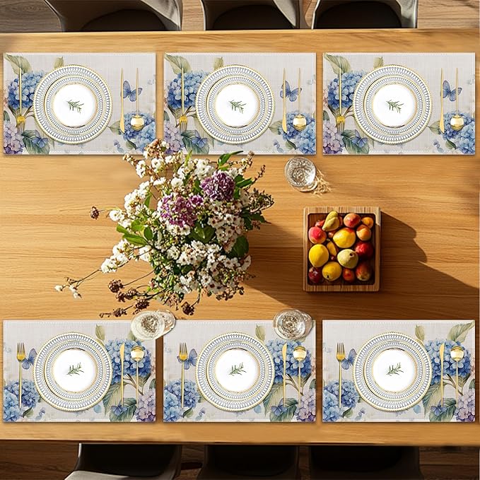 6 Pcs Placemats,Blue Hydrangea Placemat,Butterfly Floral Table Mats Washable Recyclable Table Placemats for Indoor Outdoor Heat Resistant Kitchen Dining 12"x18"