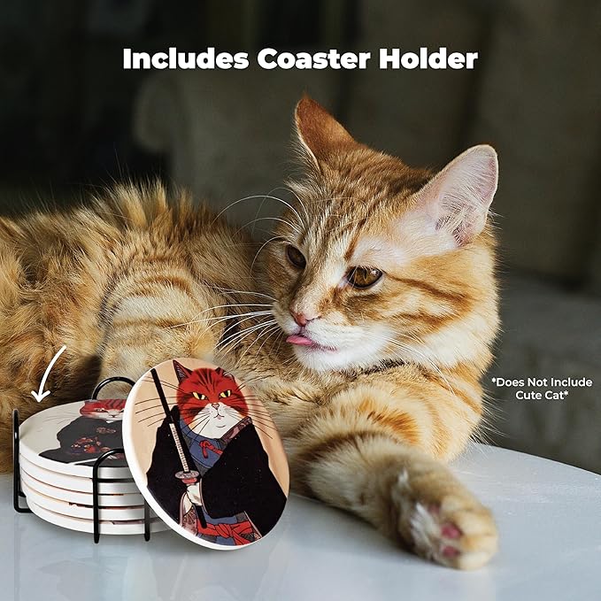 Gifts for Cat Lovers - Ninja Cat Coasters - Anime Cat Decor - Set of 6 Drink Coasters with Holder