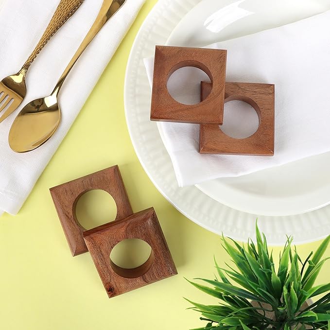 CLEENTABLE Wooden Napkin Rings Set of 12 Fall Decor for Home Square Acacia Wood Napkin Holders for Dining Table Settings Napkin Ring Rustic Table Décor for Weddings, Parties, Everyday Use (Brown)