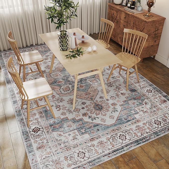 HOMCOM Washable Area Rug, 8'x10' Vintage Indoor Distressed Carpet, Retro Floor Cover Foldable, Floral Print Mat for Living Room, Bedroom, Dining Room, Brown and Light Blue