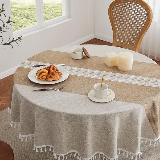 ZeeMart Contrast Linen Round Tablecloth 60 Inch Mid-Stripe Brown, Farmhouse Style Round Table Cloth Heavy Weight Beige Tablecloths, Water Resistant Burlap Table Cloths