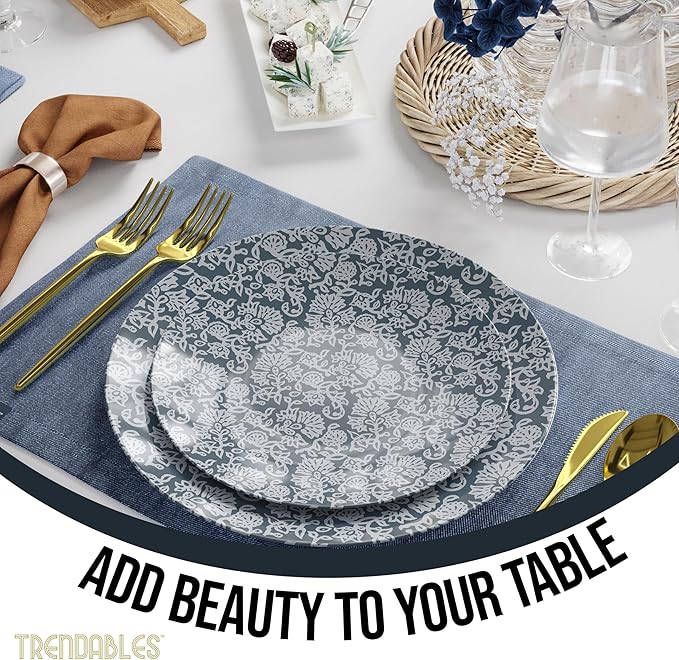 Trendables Disposable Dinnerware Decorative Plates Plastic Disposable Plates Set For 40 Guests 40 x 8 Inch Dessert Plate & 40 x 10 Inch Wedding Party Plate Set Garden Damask