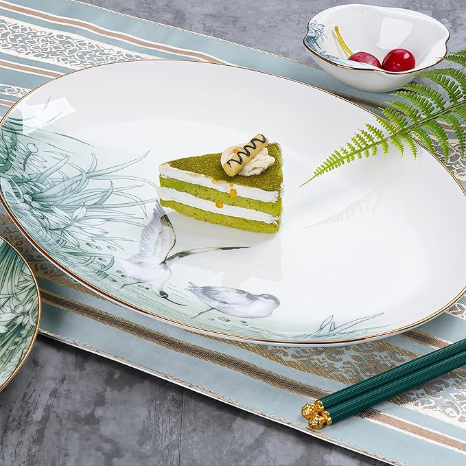 51 Pcs Fine Bone China Dinnerware Set,Porcelain&Ceramic Dinnerware Sets,Bone Stoneware & Ceramic Cookware Tableware Set Includes Dinner Plates|Spoons|Pasta Bowls|Soup Pot|Chopsticks