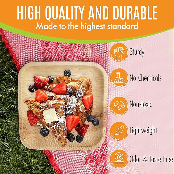 Raj Palm Leaf Plates Bulk [400-Pack] 7" Square Plates like Bamboo plates Disposable, Strong, Decorative Compostable Tableware for wedding, Lunch, Dinner, Birthday, Camping, Outdoor BBQ, Picnic