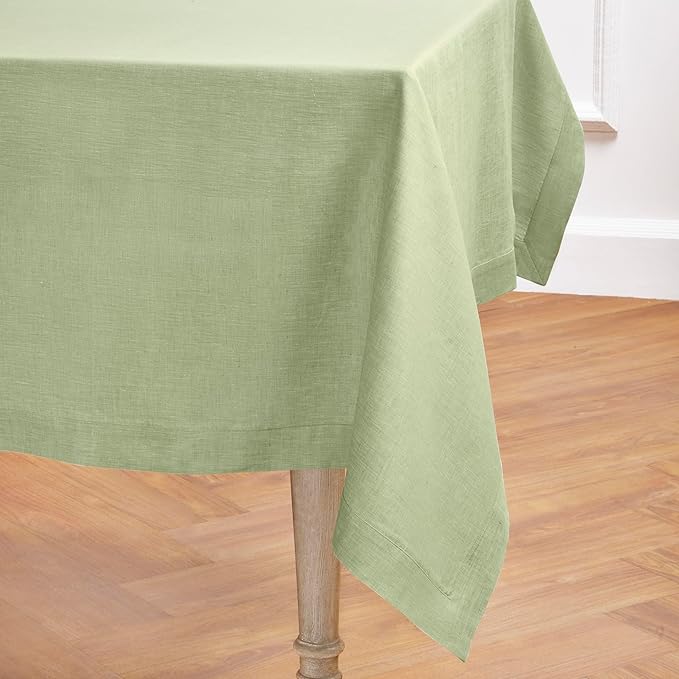 Solino Home Linen Tablecloth 60 x 132 Inch - 100% Pure Linen Chambray Olive Table Cloth for Rectangular Tables - Athena, Machine Washable Cloth Tablecloth for Spring, St Patricks Day