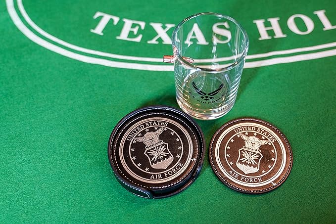 Air Force Leather Coaster Set - 4 Premium Coasters with Hot Stamped Foil USAF Logo - Air Force Gifts | USAF Leather Coasters