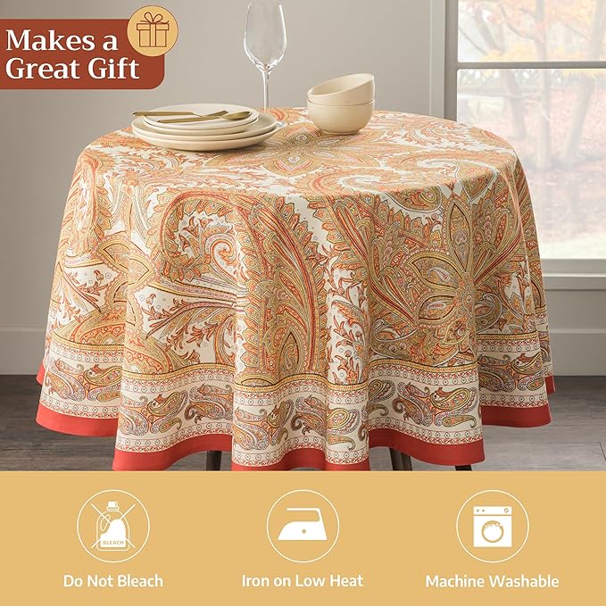 Maison d' Hermine Table Cloth Round Table 100% Cotton 69 Inches Fall Tablecloth Reusable Everyday Use for Thanksgiving Christmas Decorations Dining Farmhouse Party (Kashmir Paisley)