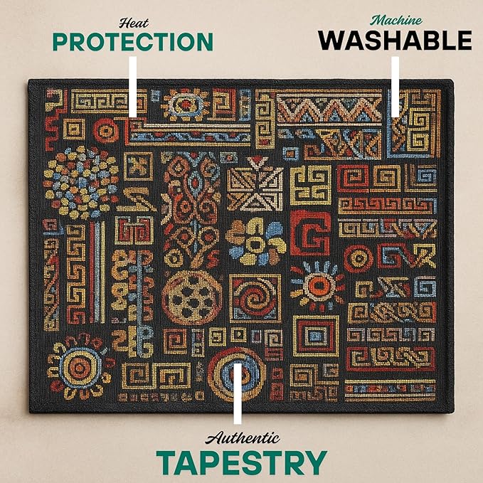 DaDa Bedding Bohemian Ethnic Ornaments Tapestry Placemats - Set of 4-Pieces Greek Ethnic Calligraphy Geometric Colorful Dark Black Design - Decorative Cotton Woven Kitchen Dining Mats - 13” x 19”