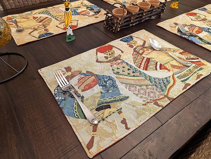 DaDa Bedding Dancing Women Tapestry Dining Table Placemats - Set of 4-Pieces Festive Celebrate Kwanzaa - Tribal African Tribal Culture - Decorative Cotton Linen Woven Kitchen Mats - 13” x 19” (18117)