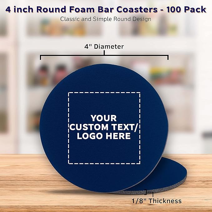 100 Round Foam Bud Coasters Pack, 4 inch - Customizable Text, Logo - PU Foam, Party Favor - Navy Blue