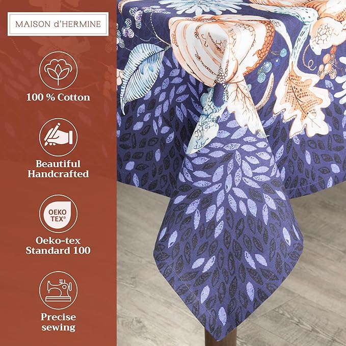 Maison d' Hermine Table Cloth Rectangle Table 100% Cotton 70 x 140 Inches Fall Tablecloth Reusable Everyday Use for Thanksgiving Christmas Decorations Dining Farmhouse Party (Pumpkin Blues)