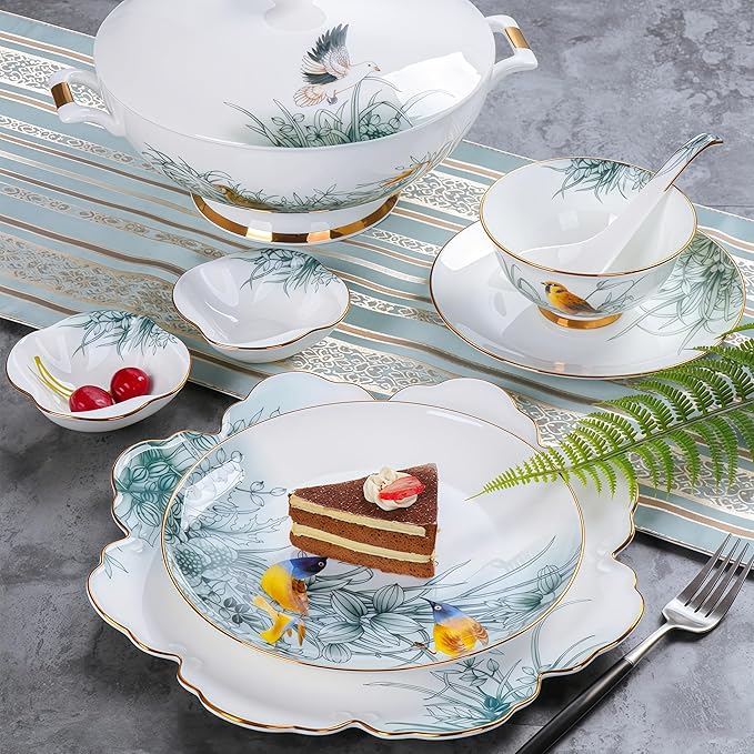 51 Pcs Fine Bone China Dinnerware Set,Porcelain&Ceramic Dinnerware Sets,Bone Stoneware & Ceramic Cookware Tableware Set Includes Dinner Plates|Spoons|Pasta Bowls|Soup Pot|Chopsticks