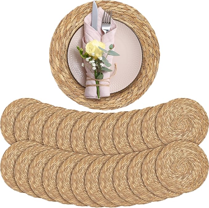 Aneco 24 Pack 13.8-Inch Round Woven Placemats Natural Hand-Woven Boho Rattan Wicker Bulrush Placemat Farmhouse Rustic Braided Table Mats for Dining & Kitchen Decor