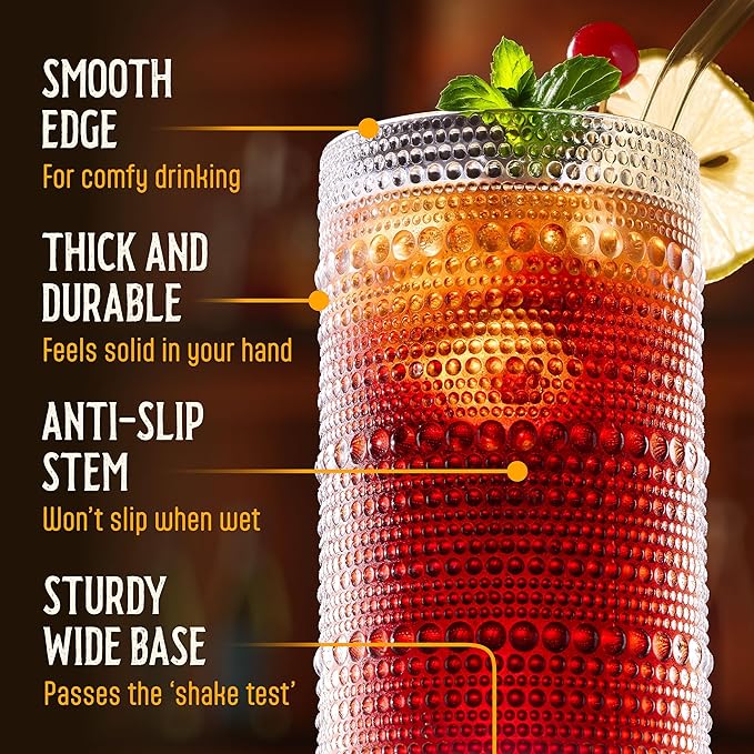 13 Oz Hobnail Drinking Glasses Set of 6 - Clear Multipurpose Glassware Sets, Decorative & Stylish Glasses Drinking Set for Bar, Kitchen, Cocktail Glassware, Garden - Home, Dining, & Kitchen