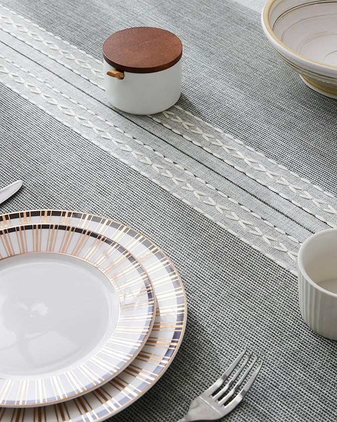 ZeeMart Contrast Linen Table Cloth Rectangle Table Cloths 52x70 Inch Mid-Stripe Grey, Farmhouse Style Heavy Weight Grey Tablecloth, Water Resistant Burlap Tablecloths