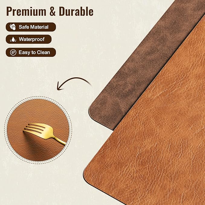 DOLOPL Thanksgiving Placemats Set of 12 Reversible Dual-Color Table Placemats – Heat Resistant Wipeable & Washable Place Mats, Luxury Faux Leather Table Mats for Table Decor(Reddish Brown & Brown)