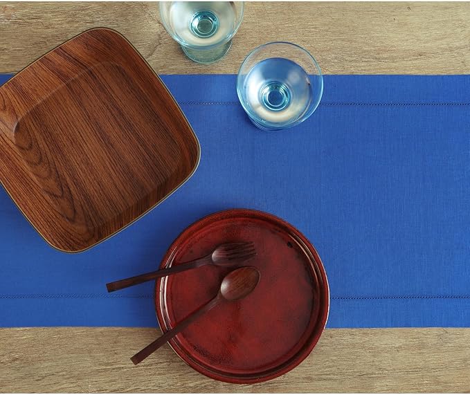 Solino Home Linen Royal Blue Table Runner 132 Inches Long - 100% Pure Linen Extra Long Table Runner 14 x 132 Inch for Spring - Classic Hemstitch