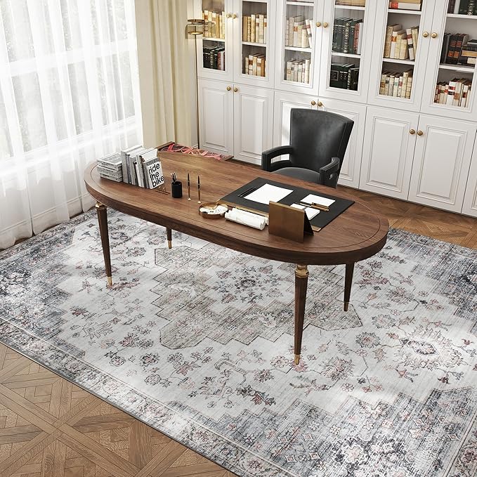 HOMCOM Washable Area Rug, 8'x10' Vintage Indoor Distressed Carpet, Retro Floor Cover Foldable, Floral Print Mat for Living Room, Bedroom, Dining Room, Brown and Green