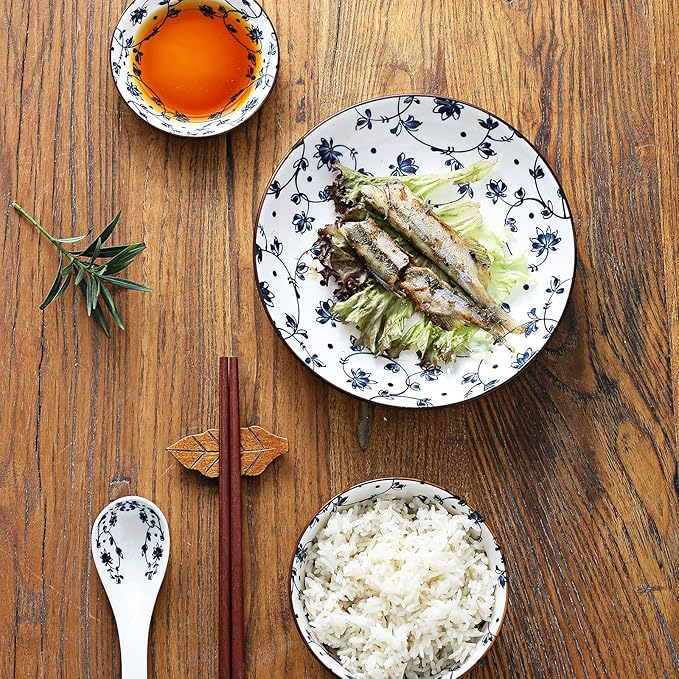 Gegong Blue and White Porcelain Dinnerware Set, Dishes, Bowl, Spoon, Chopsticks, Service for 1, Colorful Glazed Ceramic Set, Gift Box Packaging (Plum, Orchid, Bamboo and Chrysanthemum)