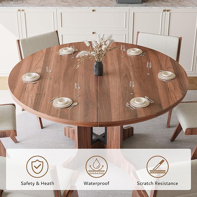 iPormis 59" Round Extendable Dining Table for 4-6, Modern Kitchen Table with Heavy Duty Pedestal Base & Wooden Top, Oval Dining Room Table for Dining Living Room, Easy Assembly, Walnut