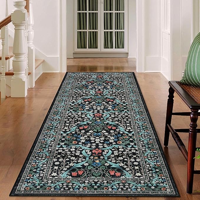 GarveeHome Kitchen 2x6 Runner Rug, Floral Washable Rugs for Hallways Non Slip Stain Resistant, Boho Soft Rug Botanical Carpet for Entryway, Laundry Room, Bedroom Floor Mat, Black