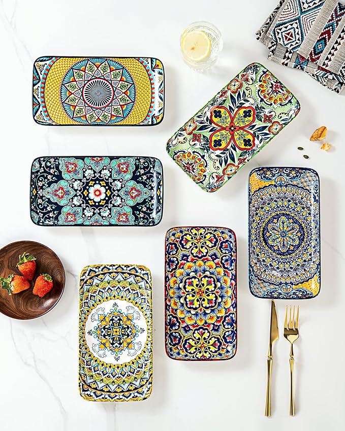 HENXFEN LEAD Boho Ceramic Dinner Plates 10 Inch – Large Rectangular Serving Plates Set of 6 for Salad, Sushi & Main Dishes, Microwave & Dishwasher Safe