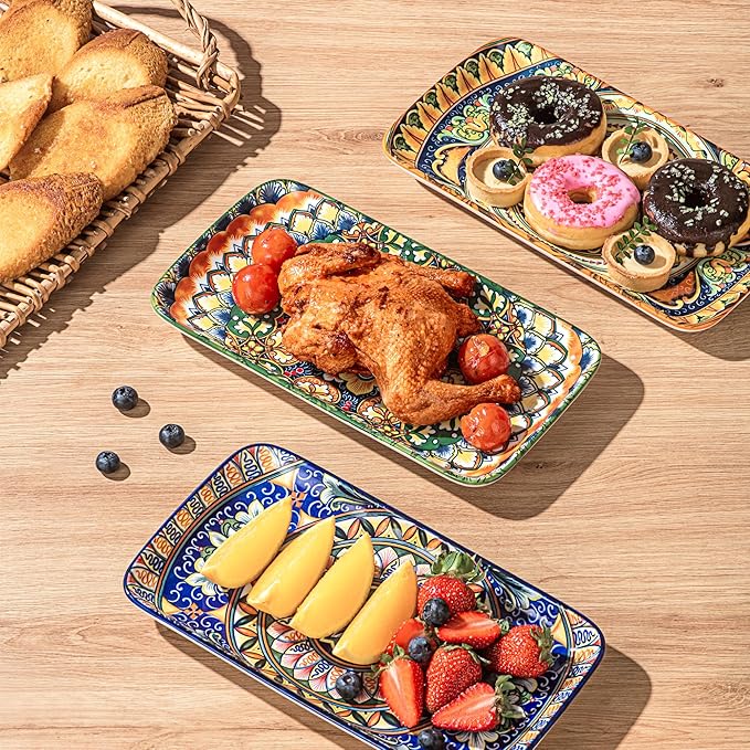 Henten Home Porcelain 10 Inch Dinner Plates, Ceramic Rectangular Salad Plate Set of 6, Bohemian Serving Dishes for Sushi, Pasta, Appetizer, Microwave & Dishwasher Safe