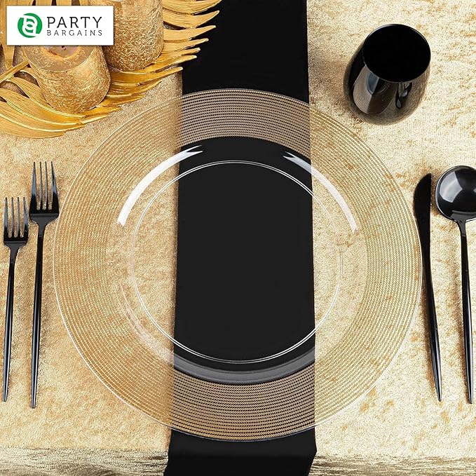 PARTY BARGAINS 13-Inch Charger Plates - 4 Pack, Clear Gold Rope Textured Rim, Heavy-Duty Disposable Chargers for Elegant Dining - Ideal for Weddings and Formal Events